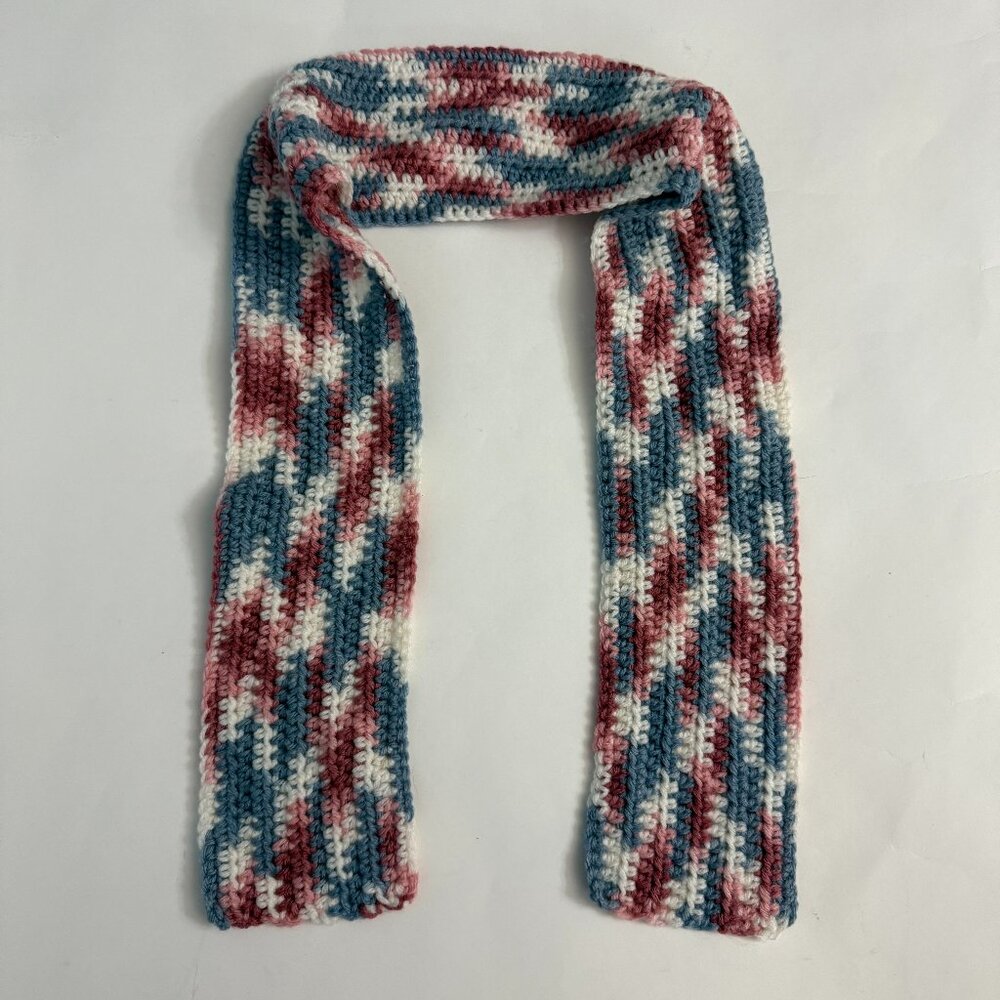 Handknit Scarf Geometric Pattern Pink Blue White Handmade 48 Inches Long
